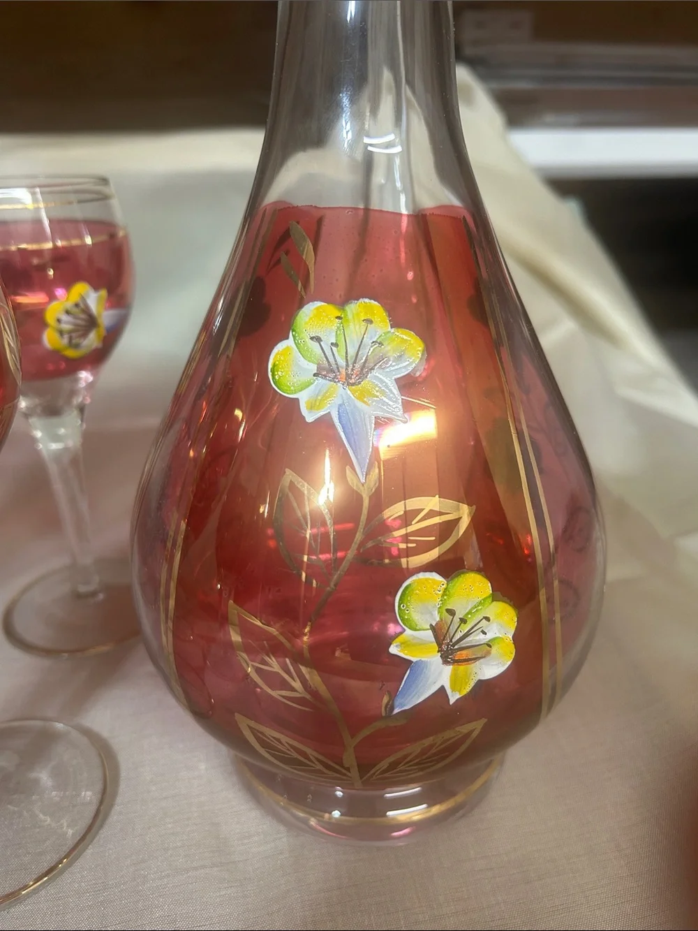 Vintage Hand Painted Glass decanter and Glasses